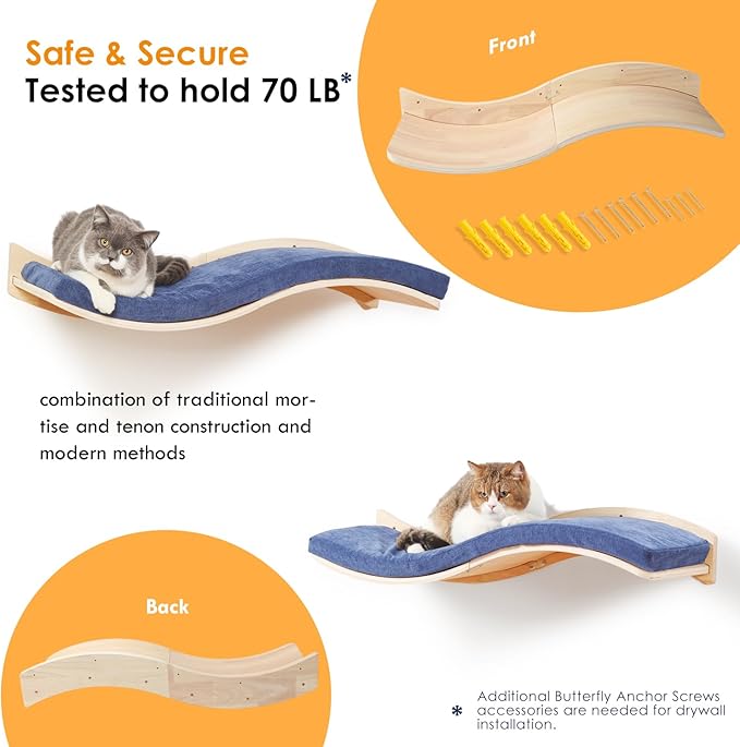 Cat Wall Shelves for Large Cats - Wall Mounted Furniture with Comfortable Cushion, Perfect Perch and Bed for Multi-Cat Households - 35 inch Wavy Shelf for Climbing, Playing, Resting, and Lounging