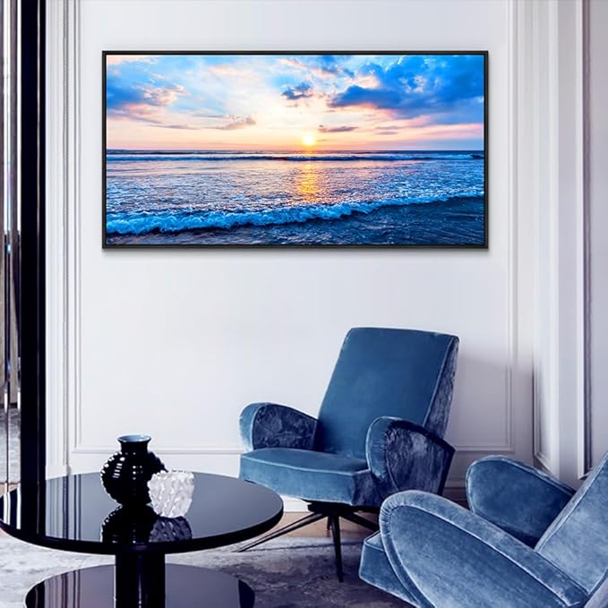 Wapluam Bedroom Decor: Blue Beach Sea Waves Landscape Canvas Print, Large Wall Art, Ready To Hang, Black Framed