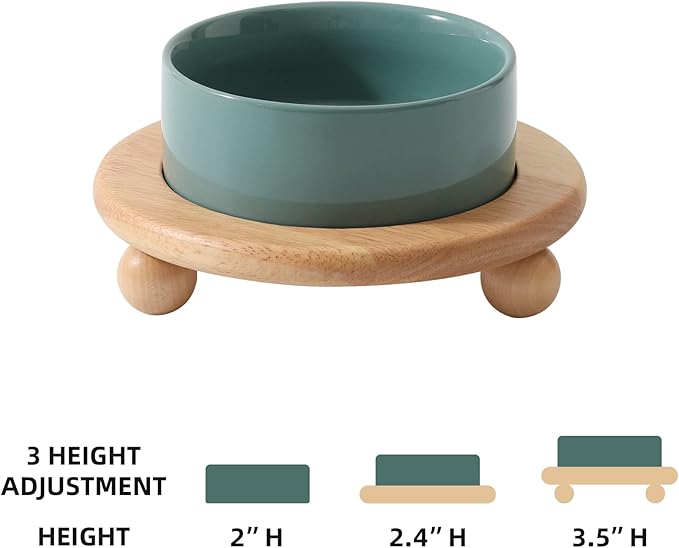 Ceramic Elevated Cat Food and Water Bowl, Kitty Bowl, Raised Cat Dish, Pet Feeder (5.1 in,1 x Dark Green + Stand)