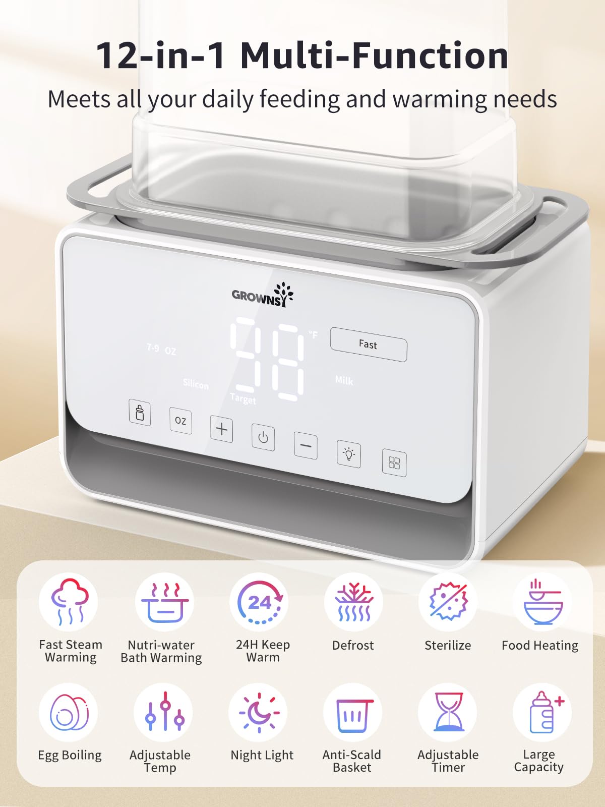 Baby Bottle Warmer, Grownsy 8-in-1 Fast Milk Warmer with Timer Breastmilk or Formula, Fits 2 Bottles, Accurate Temperature Control, with Defrost, Sterili-zing, Keep, Heat Baby Food Jars Function