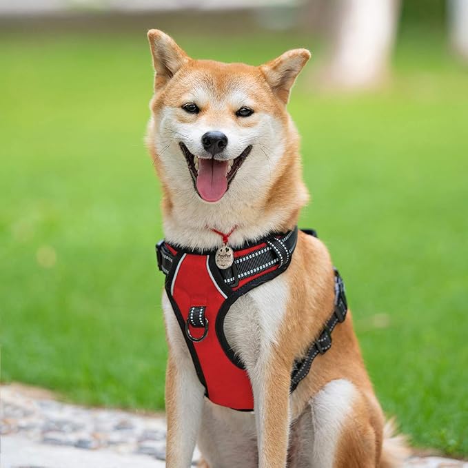 PoyPet No Pull Dog Harness, Reflective Comfortable Vest Harness with Front & Back 2 Leash Attachments and Easy Control Handle Adjustable Soft Padded Pet Vest for Small to Large Dogs (Red,XL)