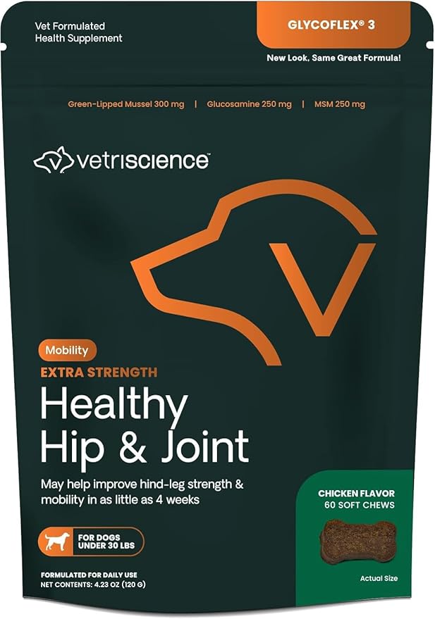 VetriScience Glycoflex 3 Clinically Proven Hip and Joint Support Supplement for Small Dogs - Maximum Strength Dog Supplement with Glucosamine, MSM, Green Lipped Mussel & DMG - 60 Chews,Chicken Flavor