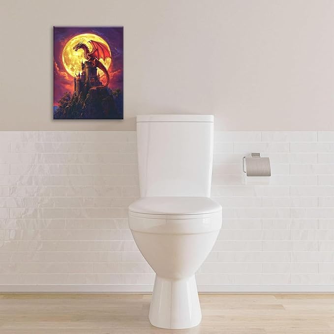 Dragon Bathroom Pictures Wall Art, Red Dragon Castle Bathroom Wall Decor, Framed Painting Canvas Artwork for Bedroom Living Room Decorations 16"L x 12"W