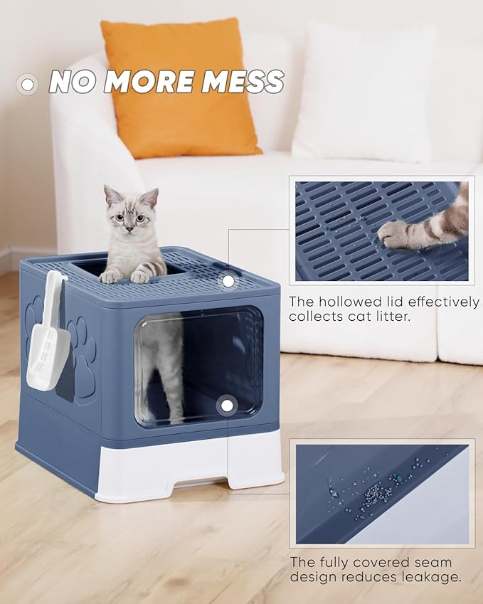 Enclosed Cat Litter Box, Large Litter Box for Big Cats, Covered Kitty Litter Boxes with Lid, Top Entry Cat Box Enclosure with Scoop, Odor Control, Easy to Clean(Blue)