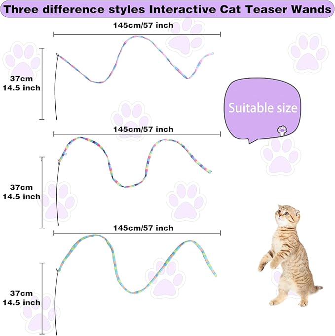 Cat Wand Toys Interactive Kitten Toys Cat Teaser Wand String Feather for Indoor Colorful Ribbon Wands Stick Toy Cat Charmer-3 Packs