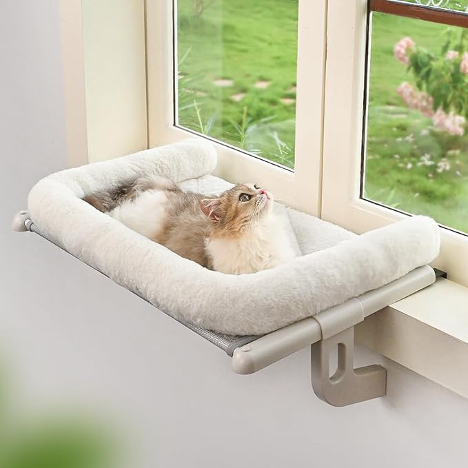 Cat Window Sill Perch with Large Bolster, Easy to Adjust & Assemble Cat Window Seat for Windowsill & Bedside, Pet Hammock Bed for Large Cats and Kittens (White, M)