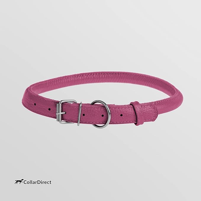 CollarDirect Rolled Leather Dog Collar, Soft Padded Round Puppy Collar, Handmade Genuine Leather Collar Dog Small Large Cat Collars 13 Colors (8-11 Inch, Pink Textured)