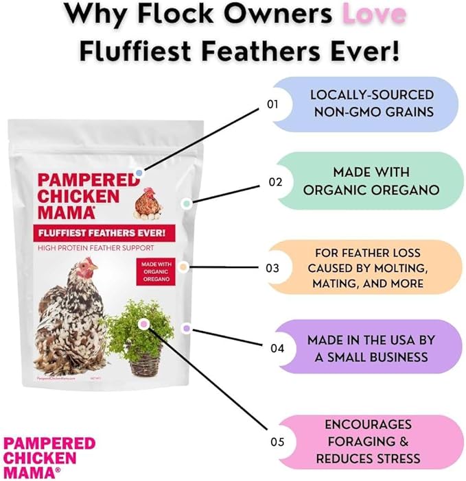 Pampered Chicken Mama Molting Supplement for Chickens: Fluffiest Feathers Ever Backyard Chicken Feed and Supplies for Hens (2 pounds)