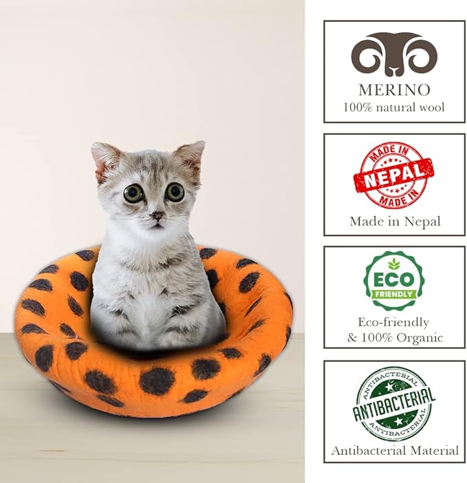 Woolygon Premium Felt Cat Cave Bed - Polka Dot Series - Wool Kitty Beds Handcrafted Kitten Caves Bed for Indoor Cats - Eco-Friendly Merino Wool, Foldable Cat Hideaway Cat Houses (Orange/Black Dots)