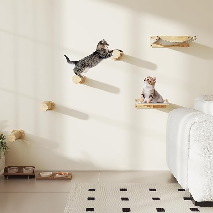 MeowHomm Cat Wall Shelves, Wooden Cat Wall Furniture Includes 4 Scratching Post Steps, Jumping Platform, Hammock for Kittens