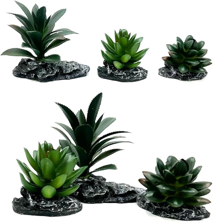 Smoothedo-Pets Reptile Artificial Plants Succulent Terrarium Decor Desert Rainforest Plant Lizard Beard Chameleon Gecko Snake Amphibious Sea Turtle Tank Accessory (Dark-Green-3pcs-Se)