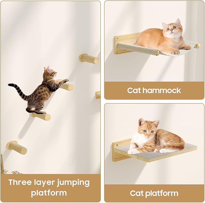 MeowHomm Cat Wall Shelves, Wooden Cat Wall Furniture Includes 4 Scratching Post Steps, Jumping Platform, Hammock for Kittens