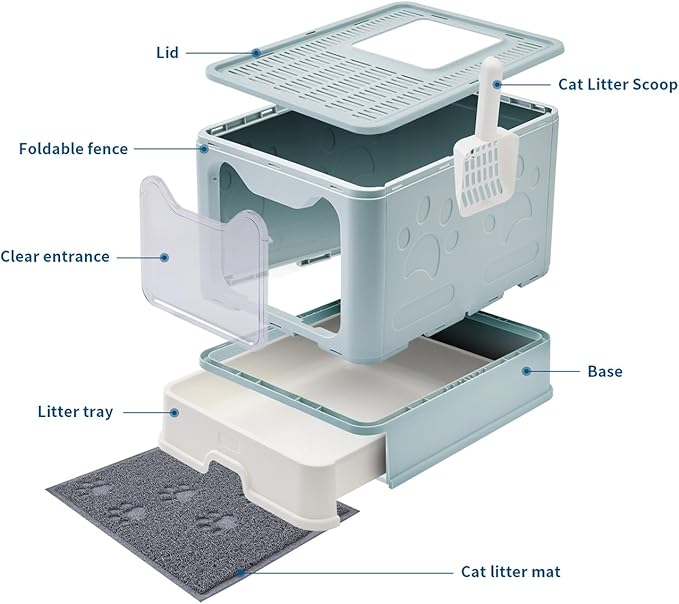 Cat Litter Box with Litter Mat and Scoop, Large Foldable Litter Box with Lid, Front Entry Top Exit Kitty Box, Odor Control, Easy to Clean (Blue)