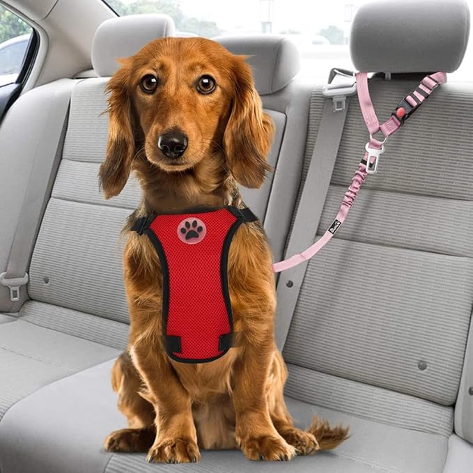 SlowTon Dog Seat Belt for Car, 2 Pack Dog Car Harness Seatbelt Adjustable with Elastic Bungee Buffer, 2 in 1 Pet Car Leash Headrest Restraint Dog Reflective Safety Tether (Pink, Headrest+Clip)