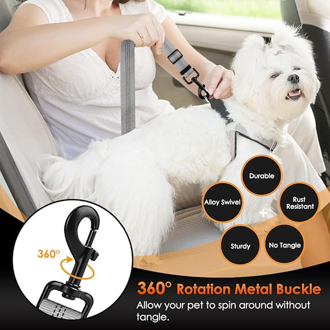 SlowTon 2 Pack Dog Seat Belt, 2 in 1 Attachment, Hook Latch Bar or Seatbelt Buckle with Elastic Nylon Bungee Buffer Adjustable Reflective Nylon Safety Belt Tether Connect to Dog Harness (2pack-GY)