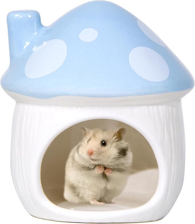 Ceramic Mushroom Hamster Hideout - Hamster Habitat for Hamsters Chinchillas Hedgehogs and Gerbils Mouse Small Pet Guinea Pigs House Hamster Bed (Blue)