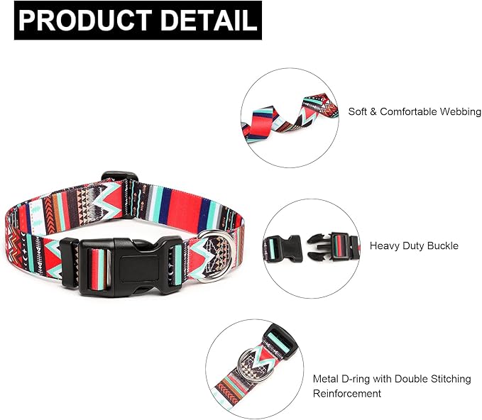 Mercano Adjustable Dog Collar - Special Design Patterns, Soft Nylon Comfortable Sturdy Pet Collar for Small Medium Large Dogs (XS, Tribal Red)