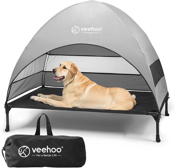 Veehoo Outdoor Dog Bed with Canopy, Cooling Elevated Pet Cot with Removable Shade, Non-Slip Feet, Raised Dog Cot for Large Dogs, Pet Tent Bed for Camping, Beach, Large, Black, CWC2411