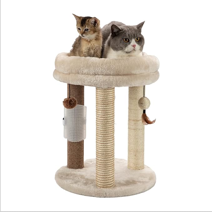 MECOOL 4in1 Small Cat Tree,Scratching Post with Tower Soft Bed, Sisal Carpet Jute Posts with Three Hanging Ball Toys and Massage Brush for Indoor Cats and Kittens