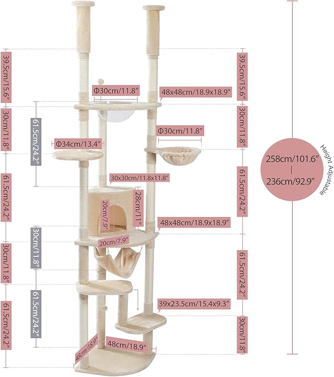 PEQULTI Floor to Ceiling Cat Tree 92.9’’-101.6’’ Height Adjustable Cat Tower Tall Kitty Climbing Play House with Scratching Posts, Cozy Condo, Perches and Large Hammock for Indoor Cats Beige