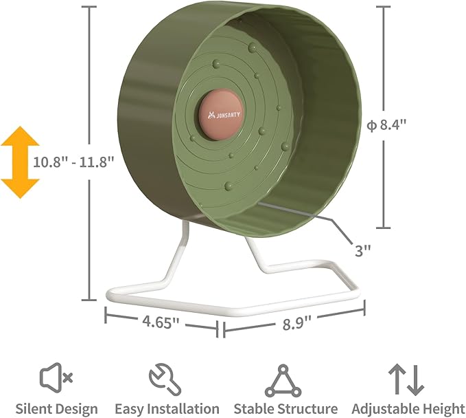 8.4" Silent Hamster Wheel, Non-Slip Track, Exercise, Release Stress, Relieve Anxiety, Adjustable Height Stand, for Syrian Dwarf Hamster, Gerbil, Mice, Other Small Medium Sized Pets, Green