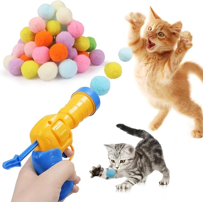 Mewlmart Interactive Cat Toys - Indoor Cat Enrichment with Launchers, Pom Pom & Puff Balls (100 Balls)