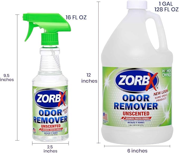 ZORBX Unscented Odor Eliminator for Strong Odor 16 Oz + 128 Oz - Used in Hospitals & Healthcare Facilities - Advanced Trusted Formula, Fast-Acting Odor Remover Spray for Dog, Cat, House & Carpet