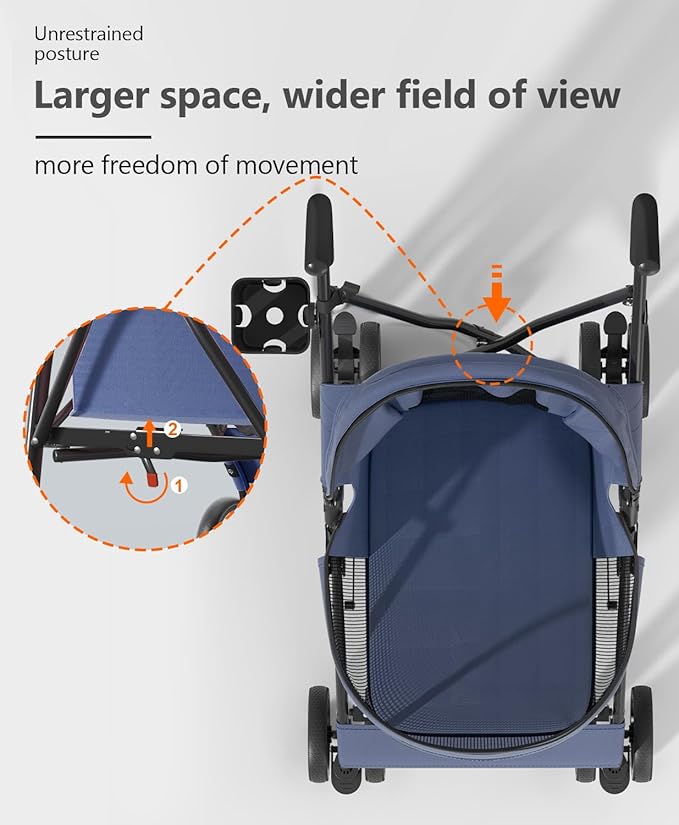 Pet Stroller with 4 Wheels for Small/Medium Pets, Portable Travel Foldable Carrier Jogger for Dog Cat Puppy Kitty, Rear Wheel Breaks, Storage Basket, Visible Mesh Weather Cover (Navy Blue)