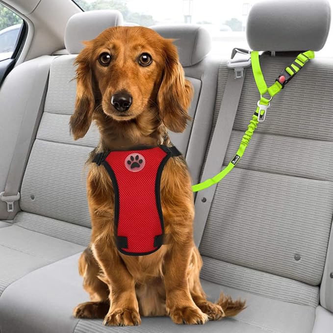 SlowTon Dog Seat Belt for Car, 2 Pack Dog Car Harness Seatbelt Adjustable with Elastic Bungee Buffer, 2 in 1 Pet Car Leash Headrest Restraint Dog Reflective Safety Tether (Lime, Headrest+Clip)