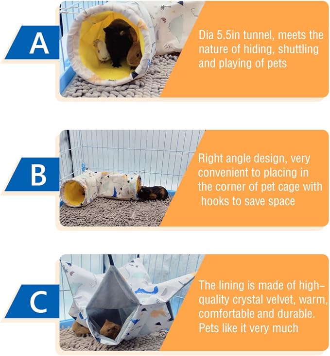 Large Caliber Guinea Pig Tunnel Hideout & Hammock, Rat Cage Corner Toy for Ferret Hedgehog Piggy to Hide and Shuttle (1. Tunnel-Dinosaur)
