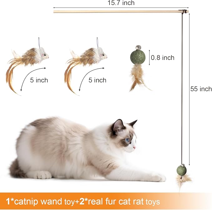 Cat Feather Toys with Catnip Ball, Feathers & Bell - 2 Replaceable Mouse Heads, Elastic Rope & Wooden Handle for Aggressive Kittens, Durable Bite-Proof Interactive Cat Teaser for Indoor Play