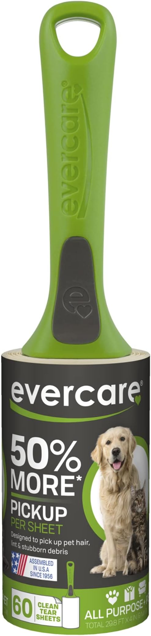 Evercare Giant Extreme Stick Lint Roller Brushes with 60 Easy-Peel Sheets, Pack of 5 Refillable Lint Rollers for Hair and Debris (300 Sheets Total)