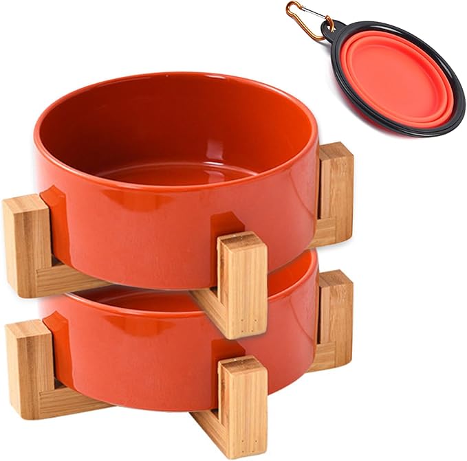 Petygooing Ceramic Dog Cat Bowl Set with Stand - Medium Dog Bowls, Anti-Slip Set of 2 - 28 OZ /3.6 Cups - Rust Red