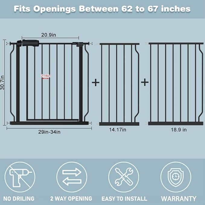 Extra Wide Baby Gate Black 62-67 Inch Wide Pressure Mounted Auto Close Child Safety Gate Long Dog Gate for House Doorways