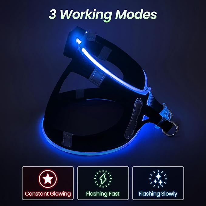 PceoTllar Light Up Dog Harness, LED No Pull Reflective Dog Harness, Flashing Lighted for Night Walking - Small/Medium (Black Blue,s)