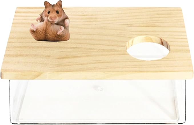 Hamster Sand Bath Box Container, Small Pet Sandbox Lid Design Take Bath Wooden Sandbox Dust Bath, Transparent Bathroom & Digging Box Acrylic Syrian Hamster Litter Box Small Animal Accessories (A)