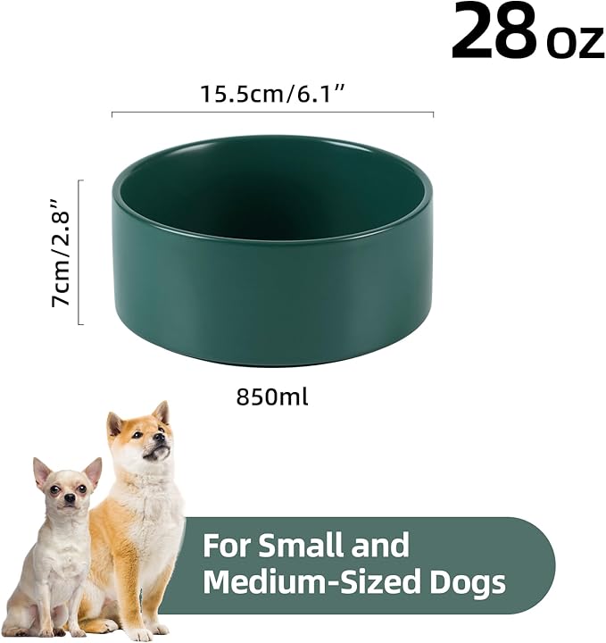 Ceramic 6.1inch Non-Slip Dog Food and Water Bowl for Small & Medium Breed Dogs,Pet Bowl for Replacement, Protects Cervical Spine (Green)
