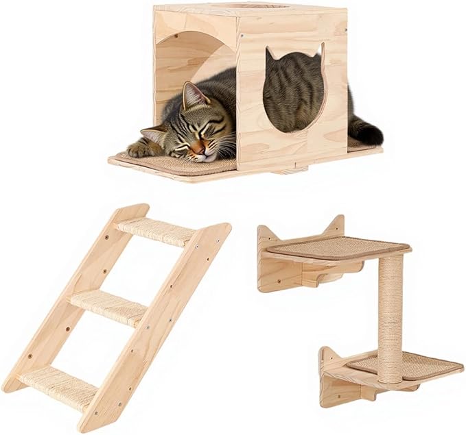 KVIDA Cat Wall Shelves Set – 5PCS Extra-Large Wall Mounted Cat Furniture with 2 Platforms, Sisal Scratching Post & Cat House – Solid Wood Climbing Wall for Large Indoor Cats