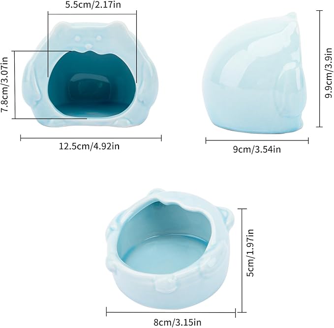 Bear-Shaped Hamster Hideout & Food Bowl Set - Ceramic Habitat for Syrian Dwarf Hamsters, Mice, Gerbils - All-Season Use, Chew-Proof Ceramic House and Feeding Dish for Small Pets(Blue)