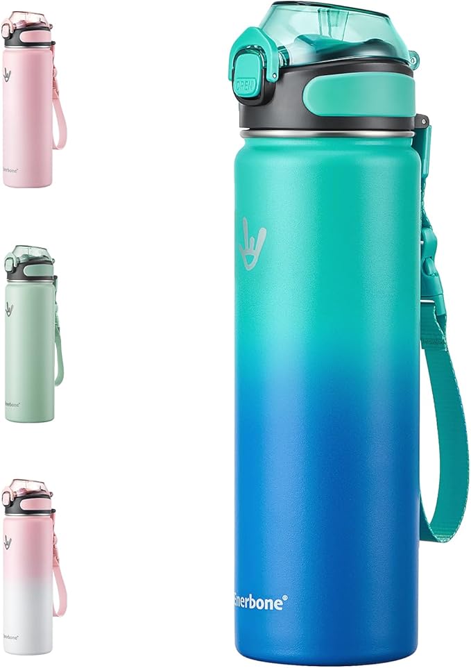 Enerbone 24 oz Insulated Water Bottle, Stainless Steel Bottle with Carrying Strap, Double-Wall Vacuum Insulation Design, Leakproof Sports Bottle with Straw, Keep Drinks Cold or Hot for Hours