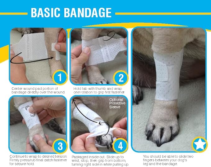 Basic Leg Bandages for Dogs, Cats, Pets -First- aid Non Adhesive Fur Friendly, Soft Stretch Wound Care, hot Spots, Fungus, Adjustable Fastening Strap Value Pack (Small 20-Pack)