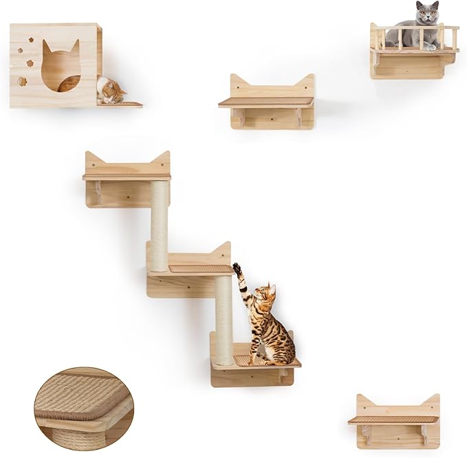 9-Piece Cat Wall Shelves and Perches for Wall, House, Lookout Tower, 2 Sisal Scratching Posts, 5-Step Wall Ladder, 7 Sisal Mat, Ideal Shelves for Wall - Sturdy Cat Wall Shelves for Large Cats