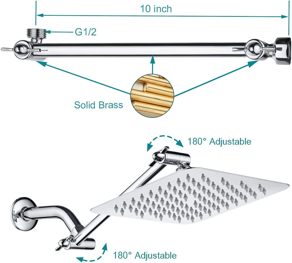 8 Inch Square Rainfall Showerhead with 10 Inch Adjustable Extension Arm