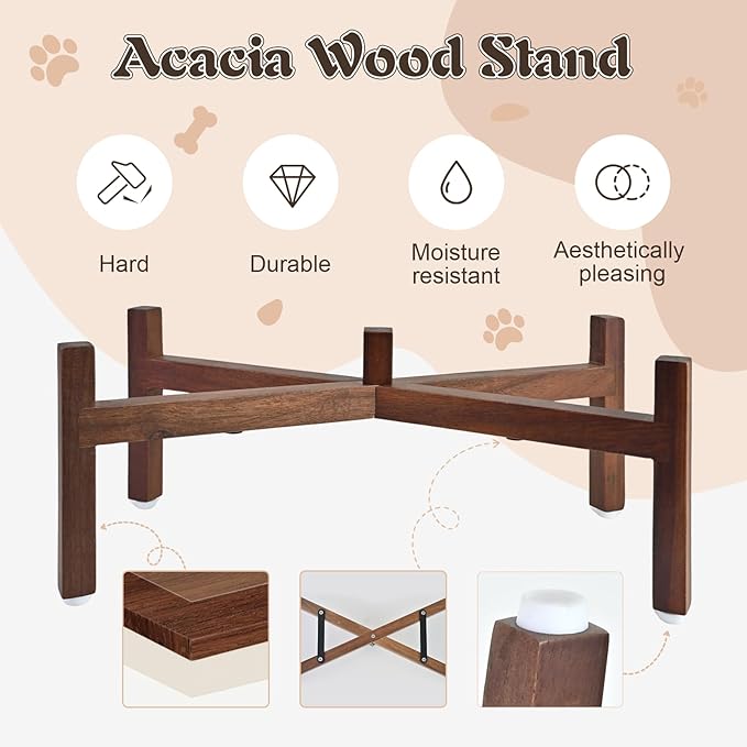 SPUNKYJUNKY Raised Ceramic Dog Bowls Set with Non-Slip Acacia Wood Stand for Medium Sized Dog(42.27 OZ, White)