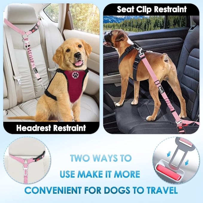 SlowTon Dog Seat Belt for Car, 2 Pack Dog Car Harness Seatbelt Adjustable with Elastic Bungee Buffer, 2 in 1 Pet Car Leash Headrest Restraint Dog Reflective Safety Tether (Pink, Headrest+Clip)