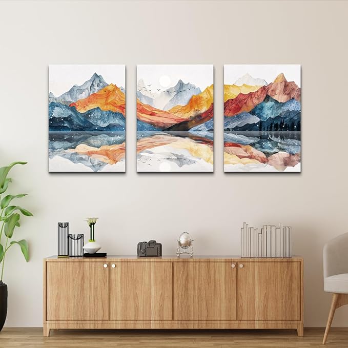 TTHYUEWS Large Abstract Canvas Wall Art - 3 Piece Mountain Landscapes Wall Paintings for Bedroom, Living Room, Office Decor