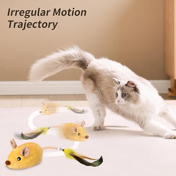 Interactive Cat Toys Mouse for Indoor Cats Rechargeable Cat Toy Mouse Toy Feather Bell Tail Lifelike Electric Automatic for All Breeds Boredom Exercise-Yellow