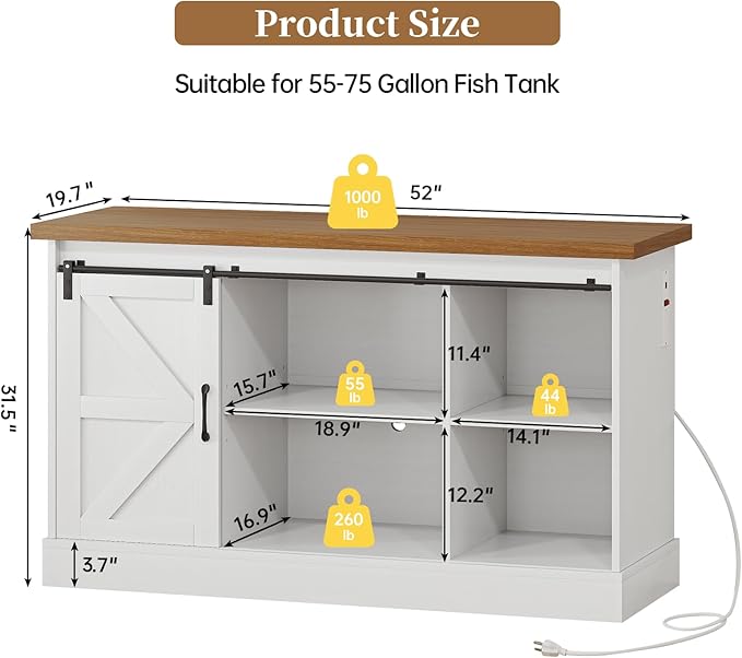 55-75 Gallon Fish Tank Stand with Sliding Barn Doors & Power Outlet, Heavy Duty Aquarium Stand with Cabinet Storage for Fish Tank, Turtle Tank, Reptile Terrarium, 1000LBS Capacity, White