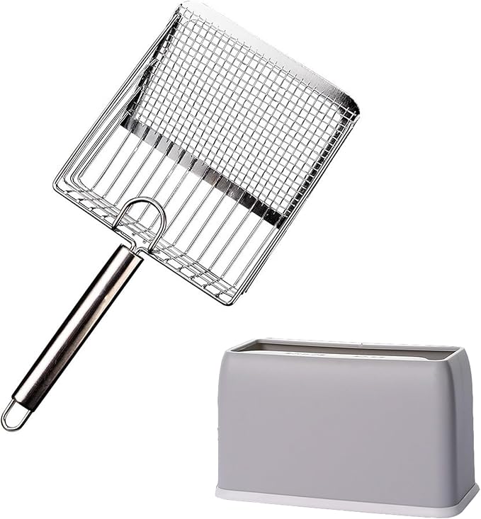 Cat Litter Scoop, Metal Scooper, Deep Shovel, Ergonomic Handle, Kitten Poop Sifting, Durable, Heavy Duty Speed Sifter, for Litter Box （Silvery-Gray）