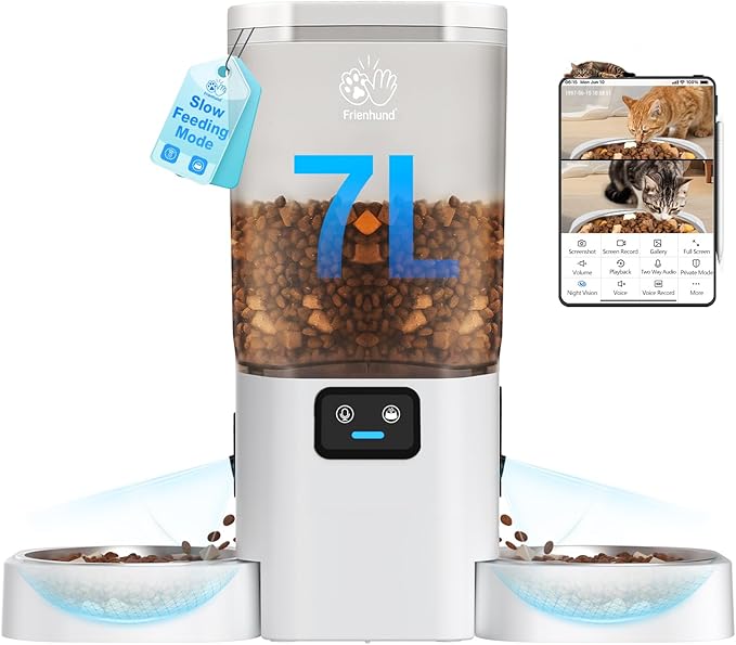 5G WiFi Automatic Cat Feeder with Two HD Camera: 7L Automatic Dog Feeder with Night Vision, Auto Cat Food Dispenser for Multiple Pet, Detachable for Easy Cleaning - 29 Cup